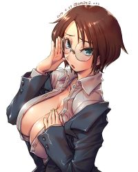 Rule 34 | 1girl, amania orz, blazer, breasts, brown hair, cleavage, collarbone, collared shirt, glasses, green eyes, jacket, large breasts, long sleeves, looking at viewer, meitantei conan, open mouth, shirt, short hair, solo, tachibana kyouko (meitantei conan)