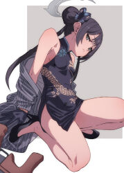 Rule 34 | 1girl, black footwear, black hair, blue archive, breasts, butterfly hair ornament, china dress, chinese clothes, closed mouth, covered navel, dragon print, dress, fu-ta, grey background, grey eyes, gun, hair ornament, highres, kisaki (blue archive), legs, long hair, looking at viewer, shoes, sleeveless, sleeveless dress, small breasts, solo, thighs, translation request, twintails, two-tone background, weapon, white background