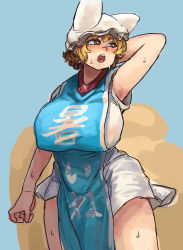 Rule 34 | 1girl, adapted costume, animal hat, arm at side, arm behind head, armpits, blonde hair, blue background, breasts, brown eyes, chanta (ayatakaoisii), clothes writing, cowboy shot, curvy, dress, extra ears, fox tail, hanging breasts, hat, highres, huge breasts, looking to the side, mob cap, multiple tails, mob cap, short dress, short hair, simple background, sketch, sleeveless, sleeveless dress, solo, sweat, tabard, tail, teeth, thighs, tongue, touhou, translation request, white dress, yakumo ran