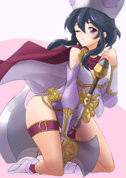 Rule 34 | 1girl, armor, axe, bare shoulders, belt, black hair, boots, bracer, breastplate, cape, deekei, fire emblem, fire emblem: genealogy of the holy war, fire emblem heroes, hat, highres, holding, holding axe, holding weapon, kneeling, larcei (fire emblem), legs, looking at viewer, nintendo, official alternate costume, one eye closed, pelvic curtain, purple tunic, sidelocks, simple background, solo, thighlet, thighs, tunic, weapon