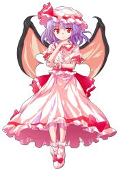 Rule 34 | 1girl, alphes (style), bad id, bad pixiv id, bat wings, dairi, dress, full body, hat, mob cap, parody, purple hair, red eyes, remilia scarlet, short hair, smile, solo, style parody, touhou, transparent background, wings, wrist cuffs