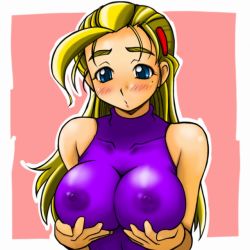 Rule 34 | 00s, 10s, 1girl, ahoge, bare shoulders, blonde hair, blue eyes, blush, breast hold, breast lift, breasts, breasts squeezed together, covered erect nipples, furinji miu, fuurinji miu, hair ornament, hairclip, halterneck, impossible clothes, large breasts, long hair, looking down, mole, mole under eye, nipples, outline, parted lips, pink background, see-through, shijou saikyou no deshi ken&#039;ichi, simple background, skin tight, solo, spandex, tsumitani daisuke, turtleneck, unitard, upper body