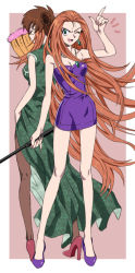 Rule 34 | 2girls, baton, baton (weapon), breasts, brown hair, china dress, chinese clothes, disguise, dress, dual persona, expandable baton, fingernails, ghost sweeper mikami, glasses, green eyes, hand fan, high heels, jewelry, juvenile a elegy, legs, long hair, long image, michiru2, mikami reiko, miniskirt, multiple girls, one eye closed, open mouth, pantyhose, pendant, shoes, short dress, skirt, tall image, very long hair, wink