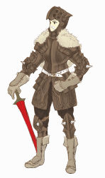 Rule 34 | 1boy, armor, belt, boots, brown eyes, facial hair, final fantasy, final fantasy tactics, full body, fur, gloves, goffard gaffgarion, greaves, helmet, highres, kaoni, male focus, mustache, old, old man, pauldrons, short hair, shoulder armor, simple background, solo, spikes, sword, weapon, white background