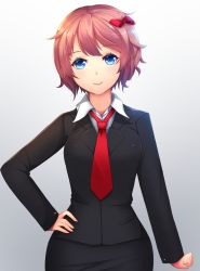 Rule 34 | 1girl, blue eyes, blush, bow, business suit, closed mouth, collared shirt, cowboy shot, doki doki literature club, formal, gradient background, hair bow, hand on own hip, highres, long sleeves, looking at viewer, necktie, pink hair, red necktie, ribbon, sayori (doki doki literature club), shirt, short hair, simple background, smile, solo, standing, suit, tsukimaru, white background, white theme