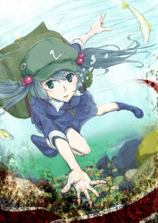 Rule 34 | 1girl, backpack, bag, blue eyes, blue hair, boots, bubble, blowing bubbles, cabbie hat, coral, dress, fish, floating hair, hair bobbles, hair ornament, hat, kawashiro nitori, key, light rays, long sleeves, looking at viewer, matching hair/eyes, outstretched arm, outstretched arms, plant, pocket, reaching, reaching towards viewer, rock, rubber boots, shirt, short hair, skirt, skirt set, solo, sunbeam, sunlight, touhou, twintails, two side up, underwater, wet, wet clothes