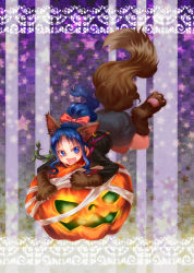 Rule 34 | 10s, 1girl, :d, animal ears, animal hands, blue eyes, blue hair, bow, full body, hair ribbon, halloween, happy, heartcatch precure!, ivory (25680nico), jack-o&#039;-lantern, kemonomimi mode, kurumi erika, long hair, matching hair/eyes, open mouth, ponytail, precure, pumpkin, ribbon, shorts, smile, solo, star (symbol), starry background, suspenders, tail, wolf ears, wolf tail