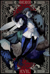 Rule 34 | 1boy, arthropod boy, blue eyes, butterfly wings, cape, character name, cloak, commentary, crown, diamond hairband, english commentary, fate/grand order, fate (series), full body, fur-trimmed cape, fur-trimmed cloak, fur trim, grey hair, highres, insect wings, kaifei (kaifei 29), long hair, long sleeves, looking to the side, male focus, oberon (fate), oberon (third ascension) (fate), shirt, solo, spoilers, text background, wings