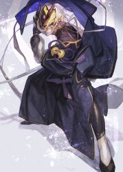 Rule 34 | 1boy, absurdres, blue eyes, closed mouth, fake horns, fate/grand order, fate (series), fighting stance, prince of lan ling (fate), gloves, highres, holding, holding sword, holding weapon, horned headwear, horned mask, horns, male focus, mask, nishikiya, short hair, silver hair, sword, weapon