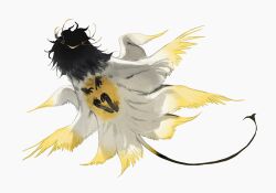 Rule 34 | animal focus, black feathers, black hands, black tail, colored extremities, creature, feathered wings, feathers, full body, grin, highres, kamikiririp, looking at viewer, multiple wings, no eyes, no humans, original, smile, tan, white background, wings, yellow wings
