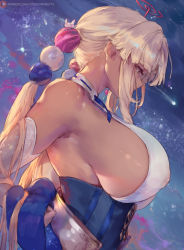 Rule 34 | 1girl, bare shoulders, blonde hair, breasts, covered erect nipples, cutesexyrobutts, dark-skinned female, dark skin, detached sleeves, from side, hair ornament, halterneck, highres, hololive, hololive english, huge breasts, long hair, looking down, low twintails, multicolored background, nipples, patreon logo, patreon username, planet hair ornament, sideboob, sidelocks, solo, tan, tsukumo sana, tsukumo sana (1st costume), twintails, very long hair, virtual youtuber, yellow eyes