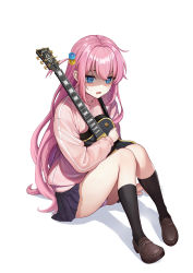 Rule 34 | 1girl, @ @, absurdres, arm support, black socks, blue eyes, blush, bocchi the rock!, brown footwear, cube hair ornament, electric guitar, full body, gibson les paul, gloom (expression), gotoh hitori, guitar, cube hair ornament, hair ornament, highres, holding, holding instrument, instrument, jacket, kneehighs, loafers, long hair, one side up, open mouth, panties, pink hair, pink jacket, pink panties, pleated skirt, shoes, sitting, skirt, socks, solo, sweat, track jacket, underwear, wish-tf