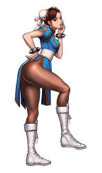 Rule 34 | 1girl, absurdres, ass, blue dress, boots, bracelet, breasts, brown hair, brown pantyhose, bun cover, capcom, china dress, chinese clothes, chun-li, contrapposto, double bun, dress, earrings, full body, hair bun, hand on own hip, hand on own cheek, hand on own face, highres, jewelry, jungon kim, leaning forward, leg up, medium breasts, pantyhose, pelvic curtain, puffy short sleeves, puffy sleeves, sash, short sleeves, simple background, solo, spiked bracelet, spikes, standing, street fighter, white background, white footwear