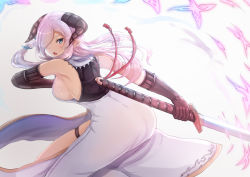 Rule 34 | 10s, 1girl, armpits, bare shoulders, black gloves, blue eyes, blush, breasts, draph, dress, from side, gloves, granblue fantasy, hair ornament, hair over one eye, holding, holding weapon, horns, large breasts, light purple hair, long hair, looking at viewer, looking to the side, narmaya (granblue fantasy), opanchu (pixiv259683), open mouth, side slit, sideboob, solo, thigh strap, weapon, white dress
