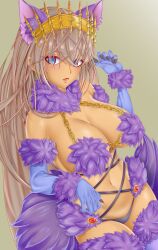 Rule 34 | 1girl, absurdres, animal ears, bare shoulders, black panties, blue eyes, bow, breasts, chain, cleavage, cosplay, crown, dark-skinned female, dark skin, elbow gloves, fate/grand order, fate (series), fur-trimmed gloves, fur-trimmed legwear, fur collar, fur trim, gloves, grey hair, highres, kachihokori satake, lace, lace-trimmed legwear, lace trim, large breasts, long hair, looking at viewer, mash kyrielight, mash kyrielight (dangerous beast), mash kyrielight (dangerous beast) (cosplay), navel, open mouth, panties, purple gloves, purple thighhighs, revealing clothes, solo, tail, thighhighs, thighs, underwear, very long hair, wolf ears, wolf tail, zenobia (fate)