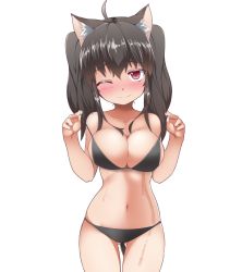 Rule 34 | 1girl, ahoge, animal ears, bikini, black bikini, black hair, blush, breasts, cat ears, cat girl, cat tail, cleavage, collarbone, cowboy shot, female focus, full-face blush, karaage (ta-na), large breasts, light smile, long hair, looking at viewer, navel, original, red eyes, smile, solo, strap lift, sweat, swimsuit, tail, thigh gap, twintails, undressing, wince