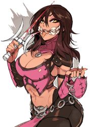 Rule 34 | 1girl, abs, belt, blood, bloody weapon, breasts, brown hair, champanus, cleavage, crop top, dagger, extra teeth, highres, holding, holding dagger, holding knife, holding mask, holding weapon, knife, licking, licking weapon, looking at viewer, mask, medium breasts, medium hair, midriff, mileena (mortal kombat), mortal kombat (series), mortal kombat x, mouth mask, o-ring, o-ring belt, red nails, sharp teeth, skull belt, solo, teeth, tongue, tongue out, weapon, white background, yellow eyes