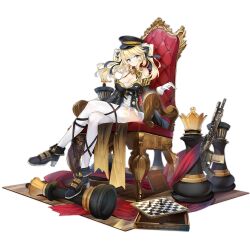 Rule 34 | 1girl, black bow, black bowtie, black dress, black footwear, black hat, black sleeves, blonde hair, blue eyes, board game, book, bow, bowtie, breasts, chair, chess, chess piece, chessboard, cleavage, closed mouth, detached sleeves, diagonal-striped bow, diagonal-striped bowtie, diagonal-striped clothes, dress, full body, girls&#039; frontline, gloves, hair ribbon, hat, high heels, jianren, king (chess), large breasts, larue tactical obr, long hair, looking at viewer, obr (girls&#039; frontline), obr (queen of castile) (girls&#039; frontline), official alternate costume, official art, on chair, peaked cap, queen (chess), ribbon, simple background, sitting, solo, striped, striped clothes, thighhighs, third-party source, throne, transparent background, twintails, white gloves, white thighhighs, wooden floor, yellow bow, yellow bowtie