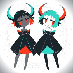 Rule 34 | 2girls, bare shoulders, black dress, black hair, blue hair, closed mouth, colored skin, dress, grey background, grey skin, highres, horns, hotate oishii, limited palette, multiple girls, no nose, original, red eyes, red horns, short hair, siblings, signature, sleeves past fingers, sleeves past wrists, twins, white skin