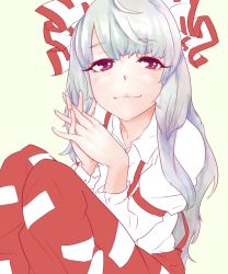 Rule 34 | 1girl, :3, bad id, bad pixiv id, baggy pants, blush, bow, female focus, fujiwara no mokou, hair bow, hair ornament, own hands clasped, lips, long hair, long sleeves, looking at viewer, own hands together, pants, red eyes, silver hair, sitting, solo, somsom, suspenders, touhou