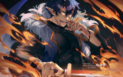 Rule 34 | 1boy, arknights, artist name, black background, black jacket, black shirt, blood, blood on face, blue hair, clenched hand, commentary, dated, demon boy, demon horns, deviantart logo, english text, fire, flamebringer (arknights), flaming sword, flaming weapon, fur-trimmed jacket, fur trim, highres, holding, holding sword, holding weapon, horns, jacket, long sleeves, male focus, material growth, oripathy lesion (arknights), pixiv logo, pointy ears, shirashura, shirt, short hair, simple background, solo, sword, teeth, twitter logo, upper body, weapon, wiping mouth, yellow eyes
