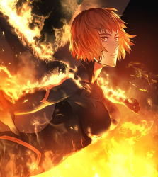 Rule 34 | 1girl, akakokko (niro azarashi), birdmen, black bodysuit, bob cut, bodysuit, breasts, brown hair, burning, closed mouth, facial mark, fire, freckles, from side, frown, leaning forward, looking at viewer, orange hair, outstretched arms, red eyes, robin howard, short hair, solo, spread arms, upper body, wings