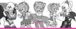 Rule 34 | amy rose, ass, bare shoulders, bat (animal), breasts, cameltoe, covered erect nipples, furry, hedgehog, highres, long sleeves, looking at viewer, monochrome, rouge the bat, sega, smile, sonic (series), tcprod