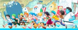 Rule 34 | 3girls, 6+boys, absurdres, aged down, antlers, bandana, black hair, blonde hair, blue hair, blue skin, brook (one piece), carue, colored skin, franky (one piece), goggles, goggles on head, going merry, green hair, hair over one eye, highres, holding, holding sword, holding weapon, instrument, jinbe (one piece), laboon, long nose, monkey d. luffy, multiple boys, multiple girls, nami (one piece), nefertari vivi, nico robin, one piece, orange hair, pirate ship, ponytail, reindeer boy, roronoa zoro, running, saddle, sail, sanji (one piece), ship, sword, thousand sunny, tony tony chopper, tusks, um0gzu1, usopp, violin, watercraft, weapon