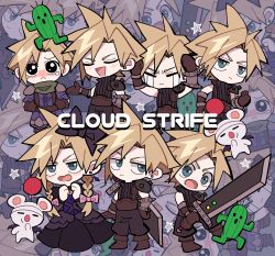 Rule 34 | 1boy, absurdres, armor, baggy pants, belt, black bow, blonde hair, blue shirt, blush, boots, bow, braid, brown footwear, buster sword, character name, chibi, clenched hand, closed eyes, cloud strife, crossdressing, earrings, final fantasy, final fantasy vii, final fantasy vii remake, full body, gloves, green scarf, hair bow, highres, holding, holding sword, holding weapon, jewelry, looking to the side, male focus, materia, moogle, multiple views, official alternate costume, open mouth, pants, parted bangs, sabotender, scarf, shinra infantry uniform, shirt, short hair, shoulder armor, single earring, sleeveless, sleeveless turtleneck, smile, spiked hair, square enix, suspenders, sword, tears, ttnoooo, turtleneck, twin braids, variations, wall market, weapon