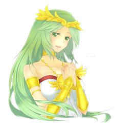 Rule 34 | 1girl, blush, character name, choker, crown, female focus, gauntlets, gold, green eyes, green hair, hands on own chest, highres, jewelry, kid icarus, kid icarus uprising, long hair, lots of jewelry, matching hair/eyes, mone a, neck ring, necklace, nintendo, palutena, simple background, solo, typo, upper body, white background
