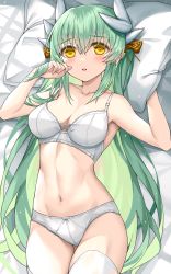 Rule 34 | 1girl, bare shoulders, blush, bra, breasts, cleavage, collarbone, dragon girl, dragon horns, fate/grand order, fate (series), green hair, highres, horns, kiyohime (fate), large breasts, long hair, looking at viewer, lying, morizono shiki, navel, on back, panties, parted lips, pillow, smile, solo, thighhighs, underwear, white bra, white panties, white thighhighs, yellow eyes