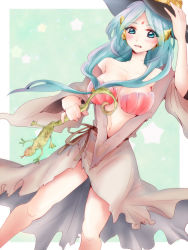 Rule 34 | 1girl, aqua hair, artist request, bare shoulders, blue eyes, blue hair, breasts, cleavage, front ponytail, hat, highres, jewelry, large breasts, long hair, magi the labyrinth of magic, navel, shell, shell bikini, solo, torn clothes, witch hat, yamuraiha