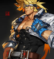 Rule 34 | 1boy, abs, artist name, bara, belt, blonde hair, blue eyes, bodysuit, commission, gloves, guilty gear, headband, jacket, large pectorals, long hair, long sideburns, looking at viewer, male focus, muscular, muscular male, na insoo, open clothes, open jacket, pectoral cleavage, pectorals, ponytail, sideburns, sol badguy, solo, tight clothes, upper body