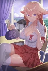 Rule 34 | 1girl, alternate costume, blush, breasts, chair, classroom, cleavage, closed mouth, clothing cutout, collared shirt, commentary request, crossed legs, curtains, day, desk, genshin impact, hand fan, highres, holding, holding fan, indoors, large breasts, looking at viewer, o-los, paper fan, pink hair, purple eyes, red skirt, school chair, school desk, see-through, shirt, short sleeves, shoulder cutout, sitting, skirt, smile, solo, sunlight, thighhighs, uchiwa, wet, wet clothes, wet shirt, white shirt, white thighhighs, window, yae miko, zettai ryouiki