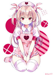 Rule 34 | 1girl, apron, bandaged arm, bandages, between legs, blonde hair, rabbit hair ornament, collared shirt, commentary request, hair ornament, hand between legs, hat, heart, looking at viewer, myuton, natori sana, nurse cap, pink apron, puffy short sleeves, puffy sleeves, red eyes, sana channel, shirt, short sleeves, simple background, sitting, solo, sweatdrop, thighhighs, toeless footwear, twitter username, two side up, v arms, virtual youtuber, white thighhighs