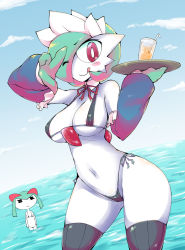 Rule 34 | 2girls, ;q, alternate costume, arm up, beach, bikini, blush, breasts, cleavage, colored skin, covered erect nipples, creatures (company), cup, day, detached collar, detached sleeves, drink, drinking glass, drinking straw, enmaided, eyebrows, furry, furry female, game freak, gardevoir, gen 3 pokemon, hair over one eye, hand up, headdress, hip focus, holding, holding tray, ikanomaru, kirlia, maid, maid headdress, micro bikini, monster girl, multiple girls, navel, nintendo, ocean, one eye closed, outdoors, pokemon, pokemon (creature), side-tie bikini bottom, sky, smile, stomach, swimsuit, thighhighs, tongue, tongue out, tray, wading, water, white skin