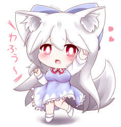 Rule 34 | alternate hair length, alternate hairstyle, animal ear fluff, animal ears, arm up, blue bow, blue dress, blush, bow, breasts, bright pupils, chibi, cirno, cirno (cosplay), cosplay, dress, fang, hair between eyes, hair bow, heart, inubashiri momiji, long hair, long sleeves, looking at viewer, medium breasts, neck ribbon, open mouth, petticoat, red eyes, red ribbon, ribbon, shirt, simple background, solo, standing, standing on one leg, tail, touhou, twitter username, very long hair, white background, white hair, white legwear, white pupils, white shirt, wolf ears, wolf tail, yairenko