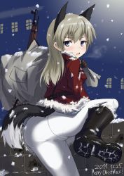 Rule 34 | 1girl, animal ears, bad id, bad pixiv id, bag, belt, blue eyes, bolt action, boots, bullet, bullet hole, christmas, dakku (ogitsune), dated, eila ilmatar juutilainen, fox ears, from behind, grey hair, gun, long hair, looking back, merry christmas, mosin-nagant, open mouth, over shoulder, pantyhose, rifle, snow, solo, strike witches, tail, weapon, white pantyhose, world witches series