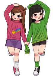 2girls arm_up black_footwear black_hair black_shorts blush braces brown_eyes brown_hair codename:_kids_next_door crossover full_body gravity_falls green_socks green_sweater hairband hand_on_own_head highres holding_hands kitavana leg_up legs long_hair mabel_pines miniskirt multiple_girls numbuh_3 open_mouth pink_footwear pink_sweater purple_skirt shoes short_shorts shorts skirt sleeves_past_wrists smile socks standing standing_on_one_leg sweater thighs white_socks