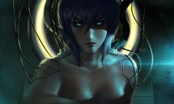 Rule 34 | 1girl, blue eyes, breasts, collarbone, cyborg, ghost in the shell, glowing, glowing eyes, gradient background, kusanagi motoko, looking at viewer, nude, out-of-frame censoring, purple hair, raikoart, short hair, solo, upper body, wire