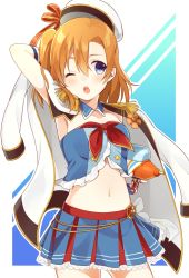 Rule 34 | 10s, 1girl, ;o, armpits, bad id, bad pixiv id, beret, blue eyes, blue skirt, chisumi, cowboy shot, detached collar, epaulettes, gradient background, hat, highres, jacket, kosaka honoka, long sleeves, looking to the side, love live!, love live! school idol festival, love live! school idol project, midriff, military, military uniform, navel, one eye closed, open clothes, open jacket, open mouth, orange hair, pleated skirt, side ponytail, skirt, solo, standing, striped, striped background, trigger discipline, uniform, water gun