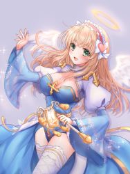 Rule 34 | 1girl, angel wings, arch bishop (ragnarok online), arm up, blonde hair, blue dress, blush, breasts, cleavage, cleavage cutout, clothing cutout, commentary request, cowboy shot, cross, dress, dutch angle, feathered wings, frilled hairband, frilled thighhighs, frills, green eyes, grey background, hair ornament, hairband, halo, heart, heart hair ornament, highres, holding, holding wand, juliet sleeves, kuma king, large breasts, long hair, long sleeves, looking at viewer, pink hairband, puffy sleeves, ragnarok online, sash, solo, sparkle, thighhighs, two-tone dress, wand, white dress, white thighhighs, white wings, wings, yellow sash