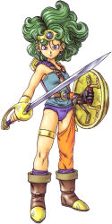 Rule 34 | 1girl, asymmetrical legwear, big hair, blue eyes, boots, curly hair, dragon quest, dragon quest ii, dragon quest iv, earrings, full body, gloves, green hair, heroine (dq4), highres, holding, jewelry, leotard, looking at viewer, official art, serious, shield, simple background, single glove, sleeveless, solo, sword, thigh strap, toriyama akira, uneven legwear, weapon, white background