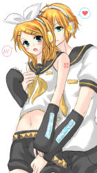 Rule 34 | 1boy, 1girl, blonde hair, blue eyes, blue hair, blush, brother and sister, couple, hetero, highres, incest, kagamine len, kagamine rin, number tattoo, shoulder tattoo, siblings, tattoo, twins, vocaloid