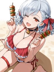 1girl bell bikini black_choker bow bow_bikini breasts choker collarbone girls&#039;_frontline girls&#039;_frontline_2:_exilium highres holding holding_skewer large_breasts looking_at_viewer looking_up neck_bell official_alternate_costume one_eye_closed open_mouth red_bikini red_eyes sabrina_(girls&#039;_frontline_2) side-tie_bikini_bottom sitting skewer solo spas-12_(girls&#039;_frontline) spas-12_(strawberry_zabaglione)_(girls&#039;_frontline) swimsuit thigh_strap twintails wariza white_hair yu_416416