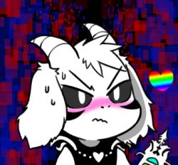 Rule 34 | &gt;:/, 1boy, :/, asriel dreemurr, bad id, bad pixiv id, black sclera, blush, chibi, colored sclera, facial mark, furry, furry male, gyate gyate, heart, heart pendant, horns, jewelry, lowres, male focus, monster, monster boy, necklace, portrait, rainbow, solo, spoilers, sweat, undertale, upper body, v-shaped eyebrows, wavy mouth, weapon, white hair, yaruky