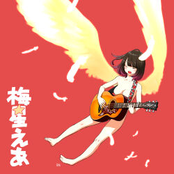Rule 34 | 1girl, acoustic guitar, ahoge, angel wings, archived source, barefoot, black hair, blush, breasts, closed eyes, completely nude, feathered wings, feathers, full body, gradient hair, guitar, highres, holding, holding instrument, instrument, key (kagibangou), medium breasts, multicolored hair, music, nude, open mouth, original, playing instrument, purple hair, real life, red background, short hair, simple background, solo, two-tone hair, white wings, wings
