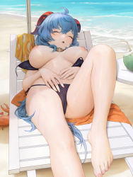 Rule 34 | 1girl, ahoge, barefoot, beach, bikini, blue hair, blush, breasts, cameltoe, closed eyes, coconut, crab, day, drink, drinking straw, drooling, feet, foot out of frame, ganyu (genshin impact), genshin impact, goat horns, hands on own stomach, highres, horns, large breasts, leaning back, lying, moyu (pixiv1928263), ocean, on back, on chair, open mouth, paid reward available, sand, see-through, sleeping, solo, swimsuit, toes, towel, underboob, untied bikini, wet, wet clothes, wet swimsuit