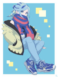 Rule 34 | 1boy, black shirt, blue footwear, blue pants, blue scarf, border, commentary request, creatures (company), eyelashes, game freak, grusha (pokemon), hair bun, hand in pocket, highres, invisible chair, jacket, male focus, min (myna8247), nintendo, off shoulder, open clothes, open jacket, pants, pokemon, pokemon sv, scarf, shirt, shoes, sitting, sleeveless, sleeveless shirt, sneakers, solo, striped clothes, striped scarf, white border, yellow jacket, zipper