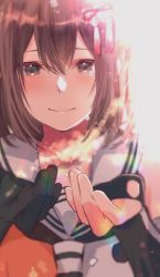 Rule 34 | 1girl, black gloves, blush, brown eyes, brown hair, crying, crying with eyes open, cupping hands, elbow gloves, fingerless gloves, gloves, hair between eyes, hair ornament, kantai collection, looking at viewer, medium hair, own hands together, rinto (rint rnt), sailor collar, school uniform, sendai (kancolle), sendai kai ni (kancolle), serafuku, simple background, single fingerless glove, smile, solo, tears, upper body, white sailor collar